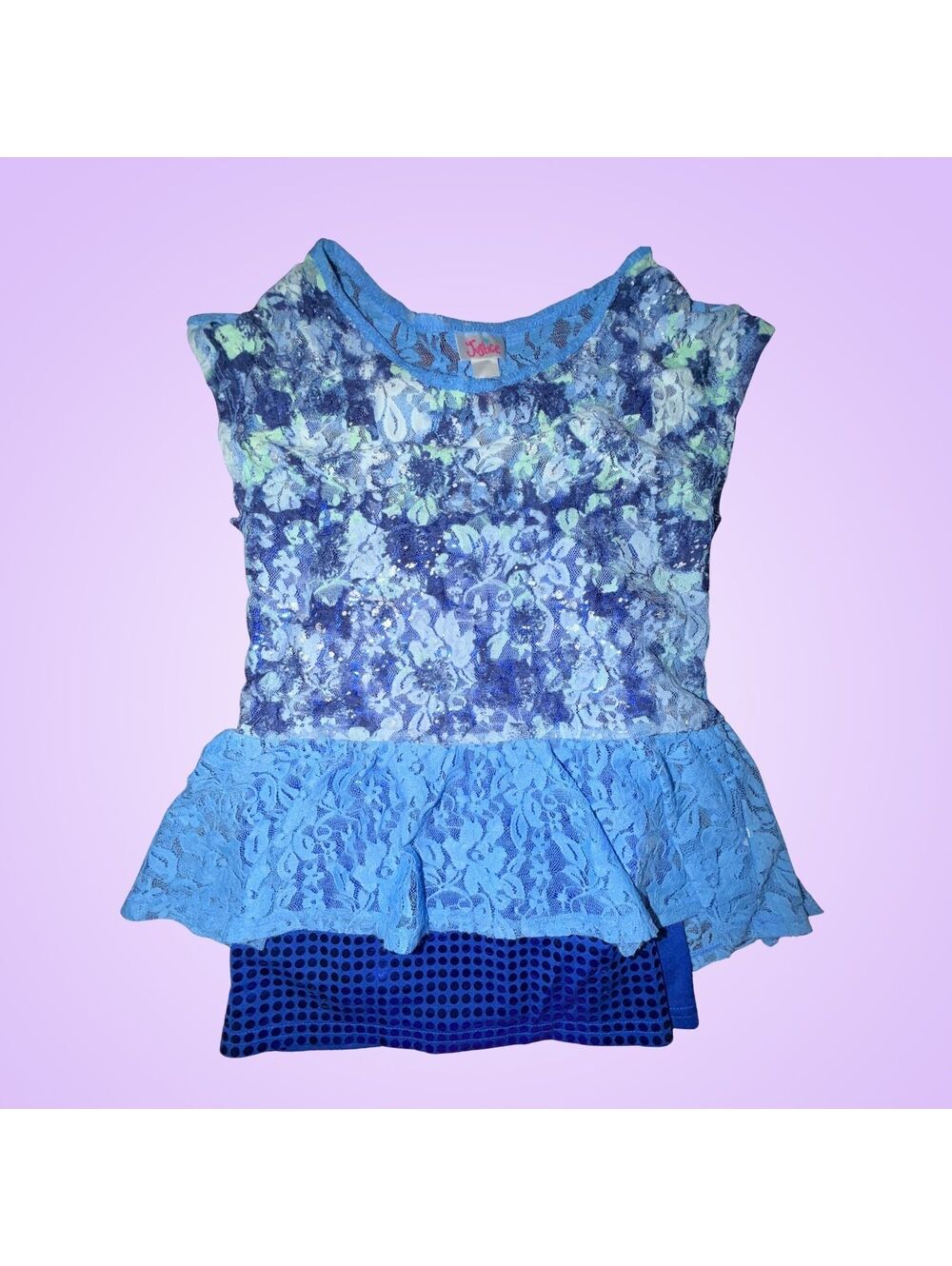 Justice Girls Blue Floral Lace Peplum Top Short Sleeve Sequins Size 8